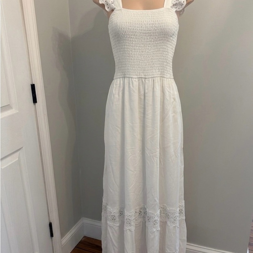 White Smocked Maxi Dress with Lace Trim